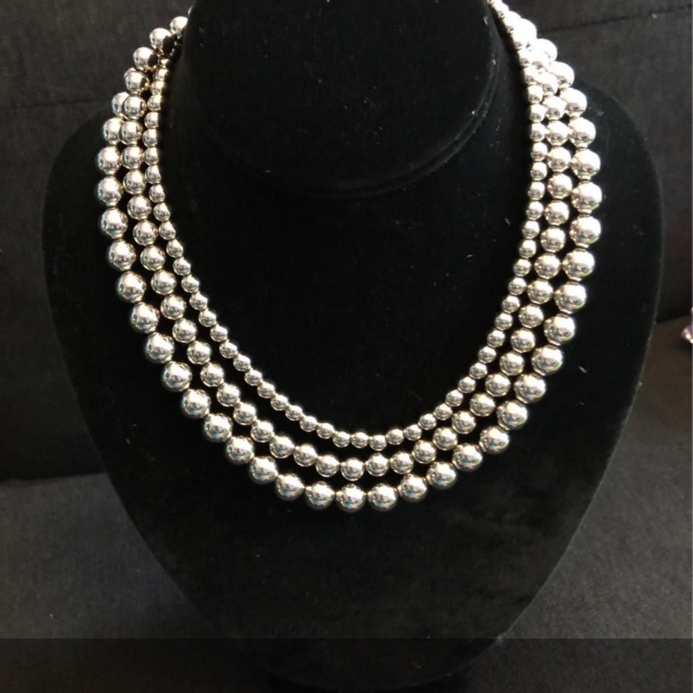 Three Strand Silver Beaded Necklace